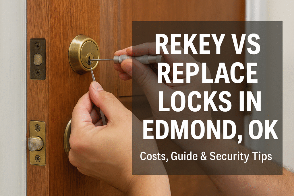Rekey vs. Replace in Edmond, OK: What’s Best for Your Home or Business? 2 Locksmith rekeying a brass deadbolt on a wooden door with text overlay reading “Rekey vs Replace Locks in Edmond, OK – Costs, Guide & Security Tips.”